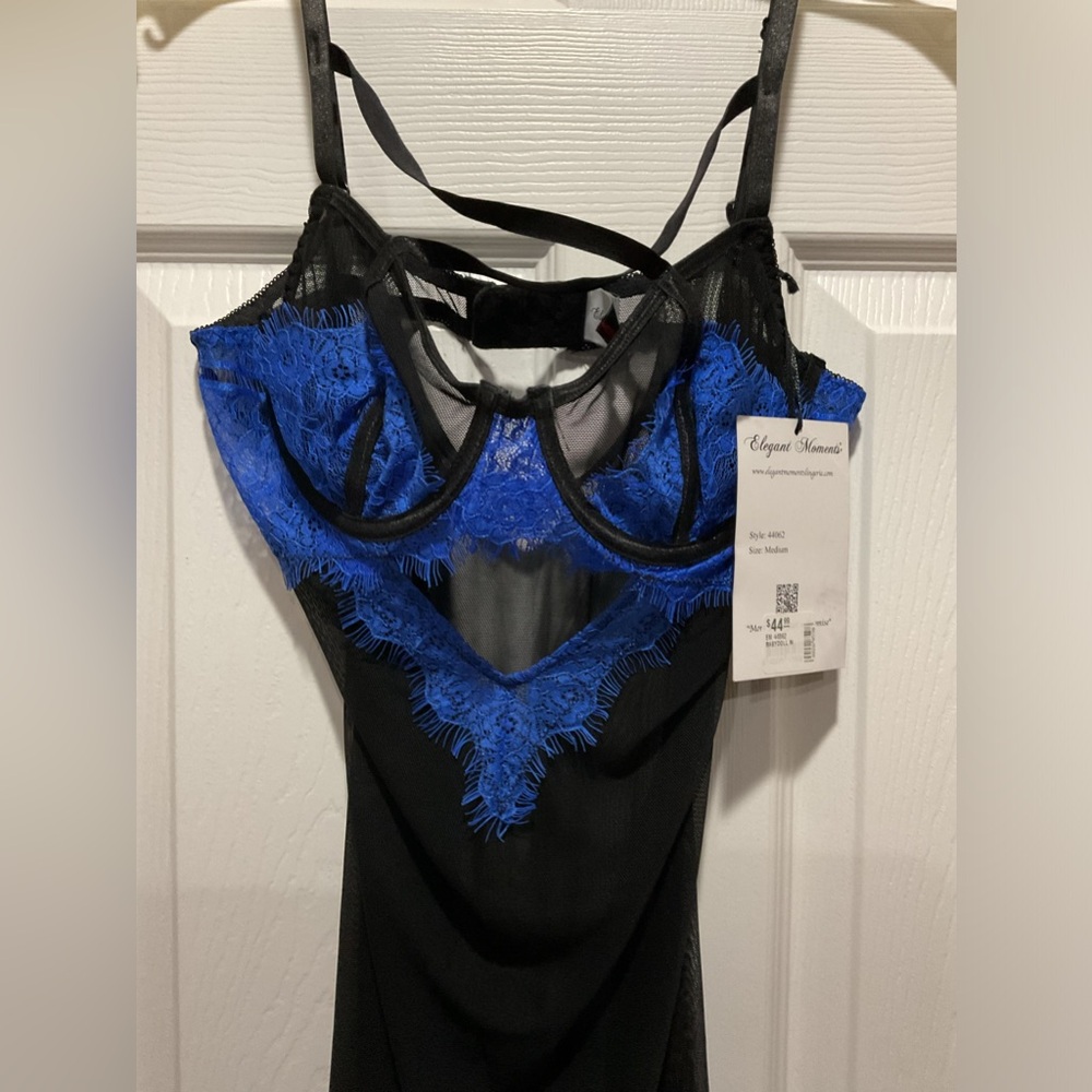 Sexy lingerie blue lace & sheer black negligee/chemise underwire bra nighty